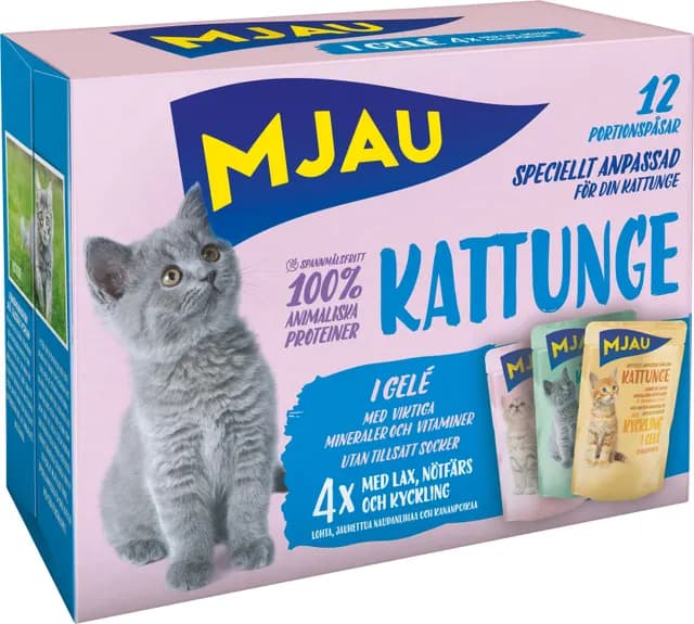 Mjau Pouch Multipack Kattunge Lax, Nöt, Kyckling 12x85 g