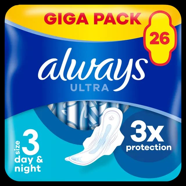Always Ultra Sanitetsbindor Day & Night Med Vingar Storlek 3 26 st