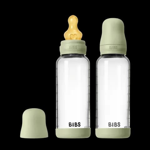 BIBS Glass Baby Bottle Round Latex Medium Flow Sage 240 ml 2-pack