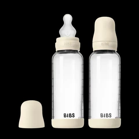BIBS Glass Baby Bottle Round Silicone Medium Flow Ivory 240 ml 2-pack
