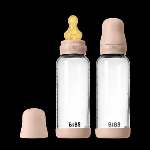BIBS Glass Baby Bottle Round Latex Medium Flow Blush 240 ml 2-pack