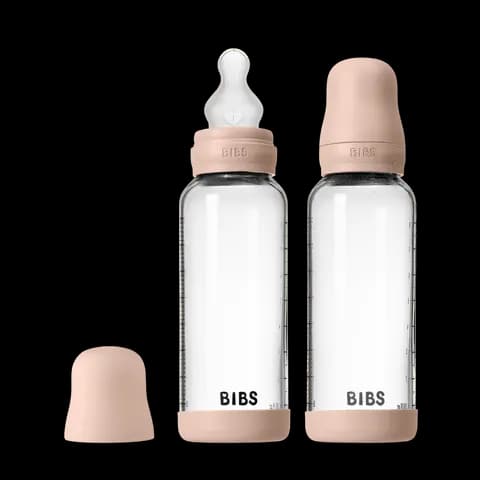 BIBS Glass Baby Bottle Round Silicone Medium Flow Blush 240 ml 2-pack