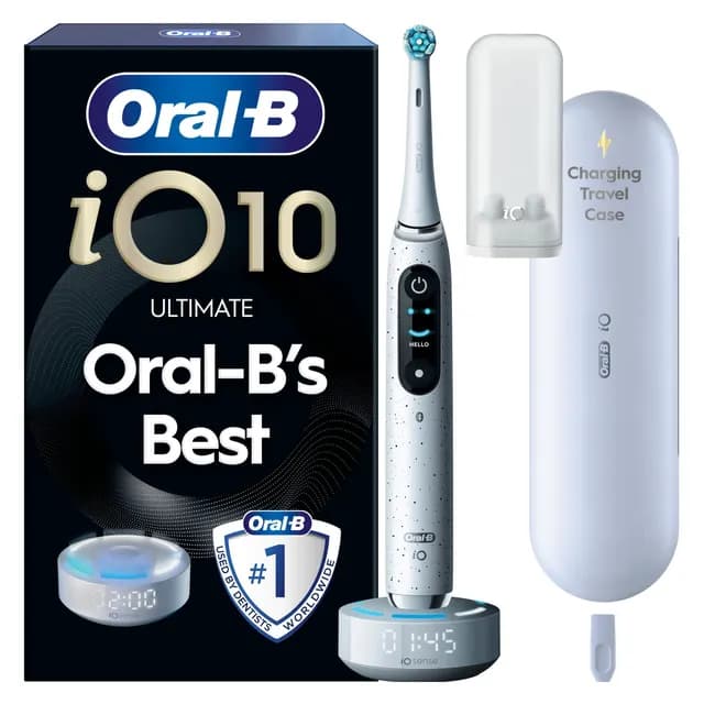 Oral-B iO 10 Eltandborste Vit med Magnetisk snabbladdare, Resefodral & Borsthuvudshållare