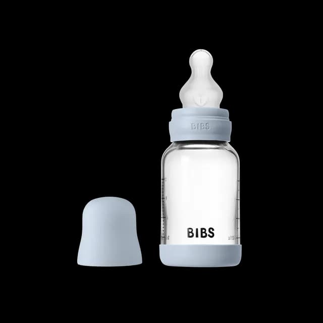 BIBS Glass Baby Bottle Round Silicone Slow Flow Baby Blue 120 ml