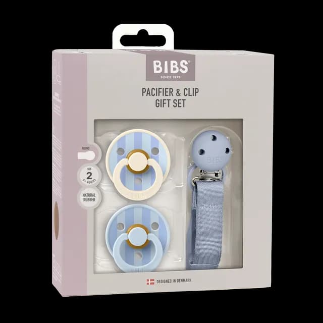 BIBS Pacifier & Clip Gift Set Pin & Block Latex Size 2 Dusty Blue
