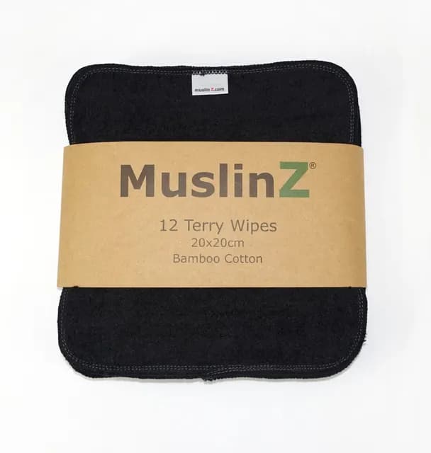 MuslinZ Bamboo Cotton Terry Wipes Black 12-pack