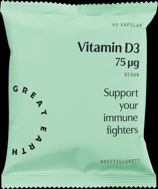 Great Earth Vegansk Vitamin D3 75 μg Refill 60 kapslar