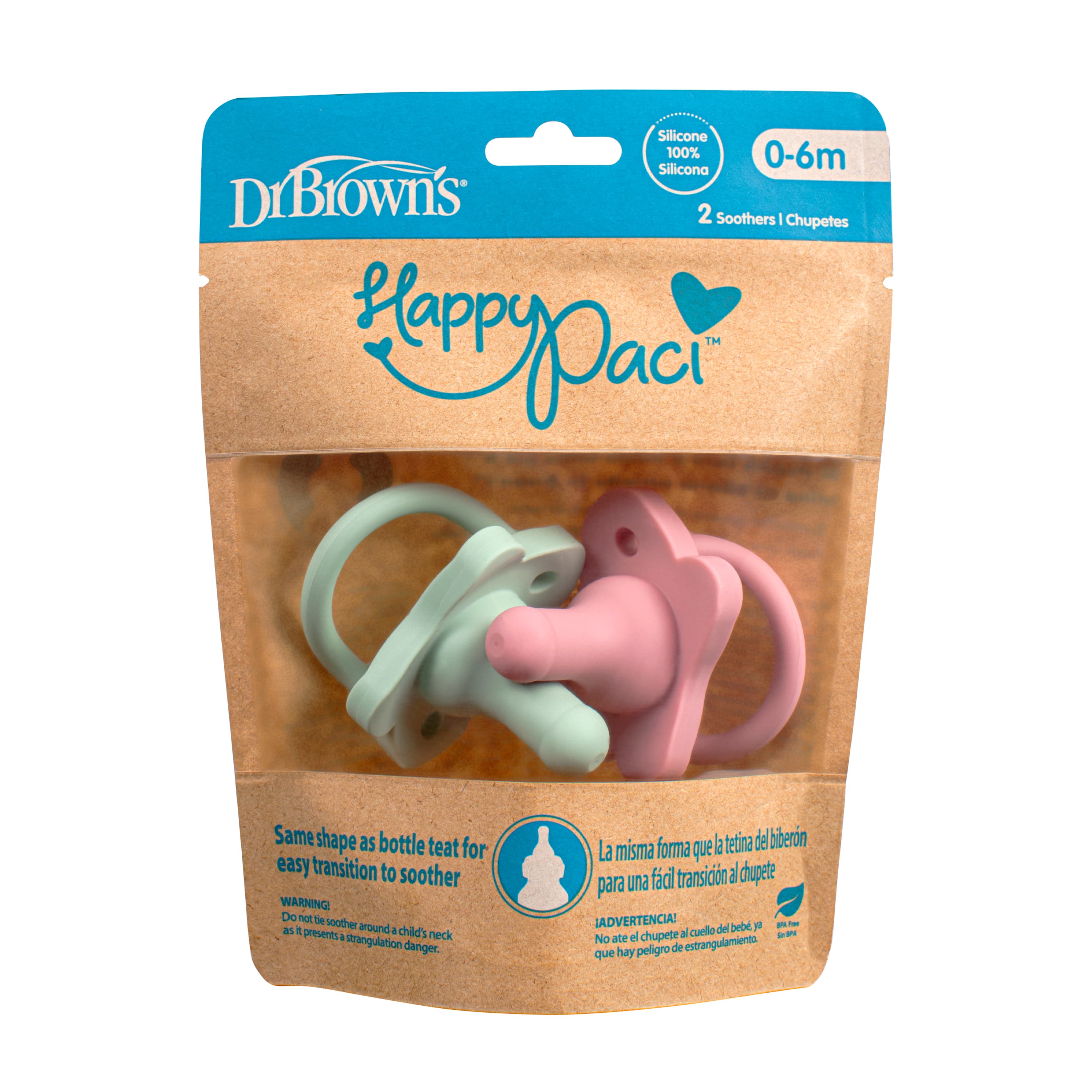 Dr Brown HappyPaci Silicone Soother 0-6m Pink/Green 2-pack 2