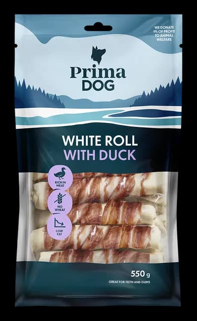 PrimaDog Vit Tuggrulle med Anka 13 cm 550 g