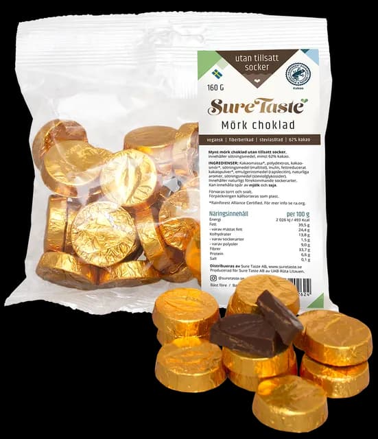 Sure Taste Mynt Mörk Choklad Guldfolie 160 g