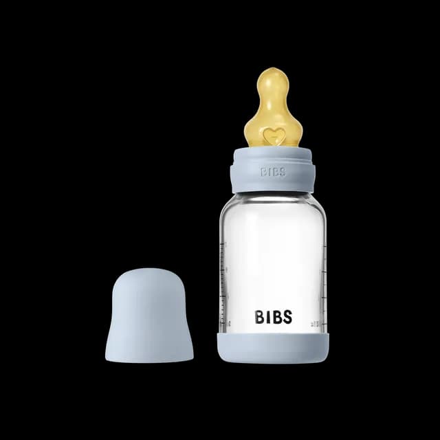 BIBS Glass Baby Bottle Round Latex Slow Flow Baby Blue 120 ml