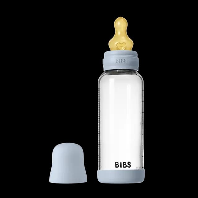 BIBS Glass Baby Bottle Round Latex Medium Flow Baby Blue 240 ml