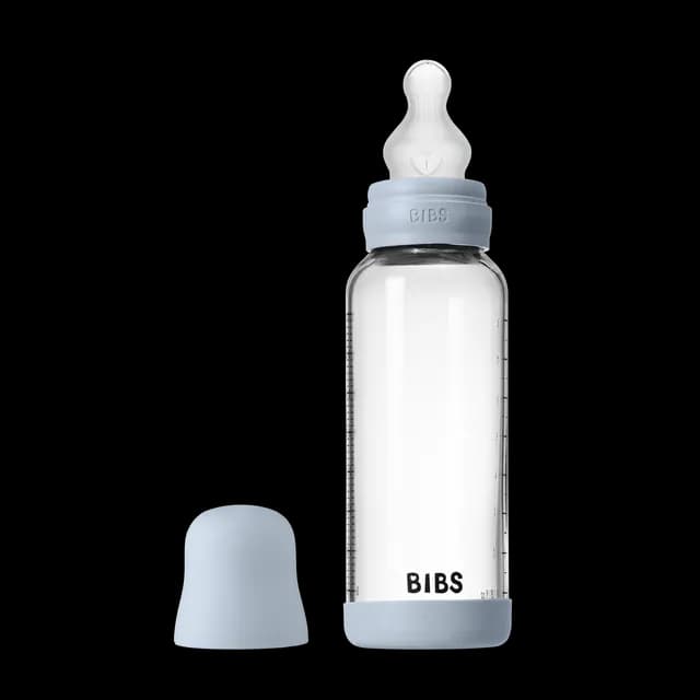 BIBS Glass Baby Bottle Round Silicone Medium Flow Baby Blue 240 ml