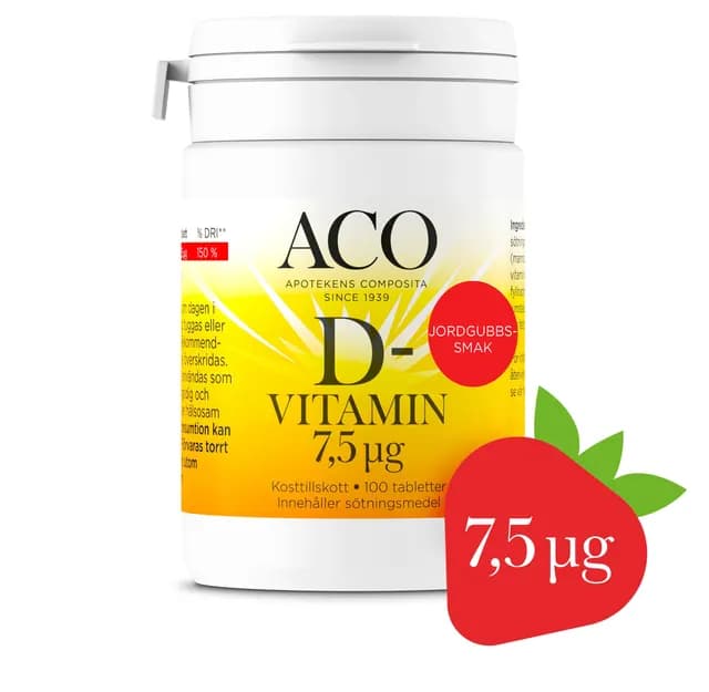 ACO D-vitamin 7,5 UG Jordgubbssmak 100 tabletter