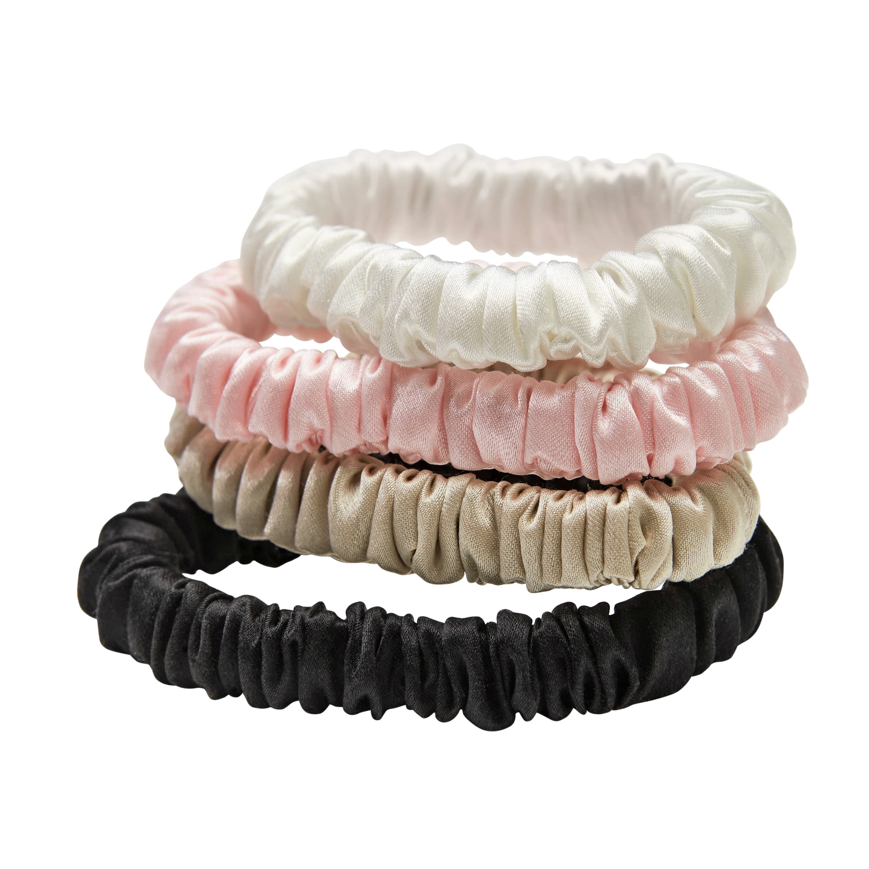 Lenoites Mulberry Silk Skinny Scrunchies white, pink, beige, black