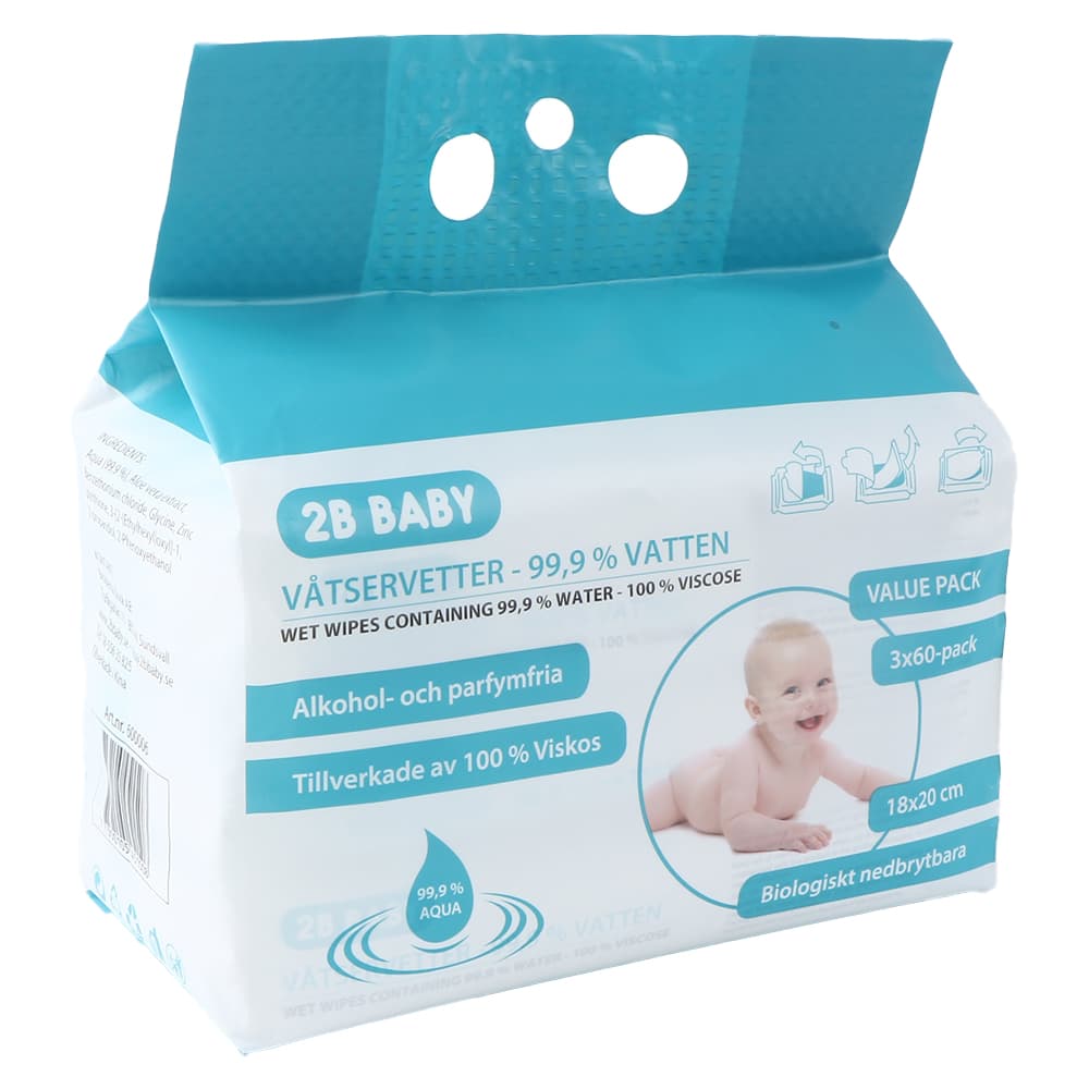 2B Baby Våtservetter 99,9 % Vatten 100 % Viskos 3x60-pack 1