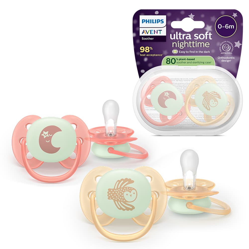 Philips Avent Ultra Soft Nattnapp Glow in the Dark Rosa & Gul 0-6 månader 2 st - produktbild 2