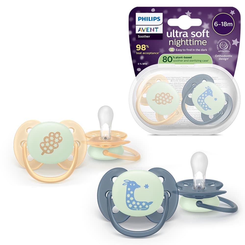 Philips Avent Ultra Soft Nattnapp Glow in the Dark Grå & Gul 6-18 månader 2 st - produktbild 2