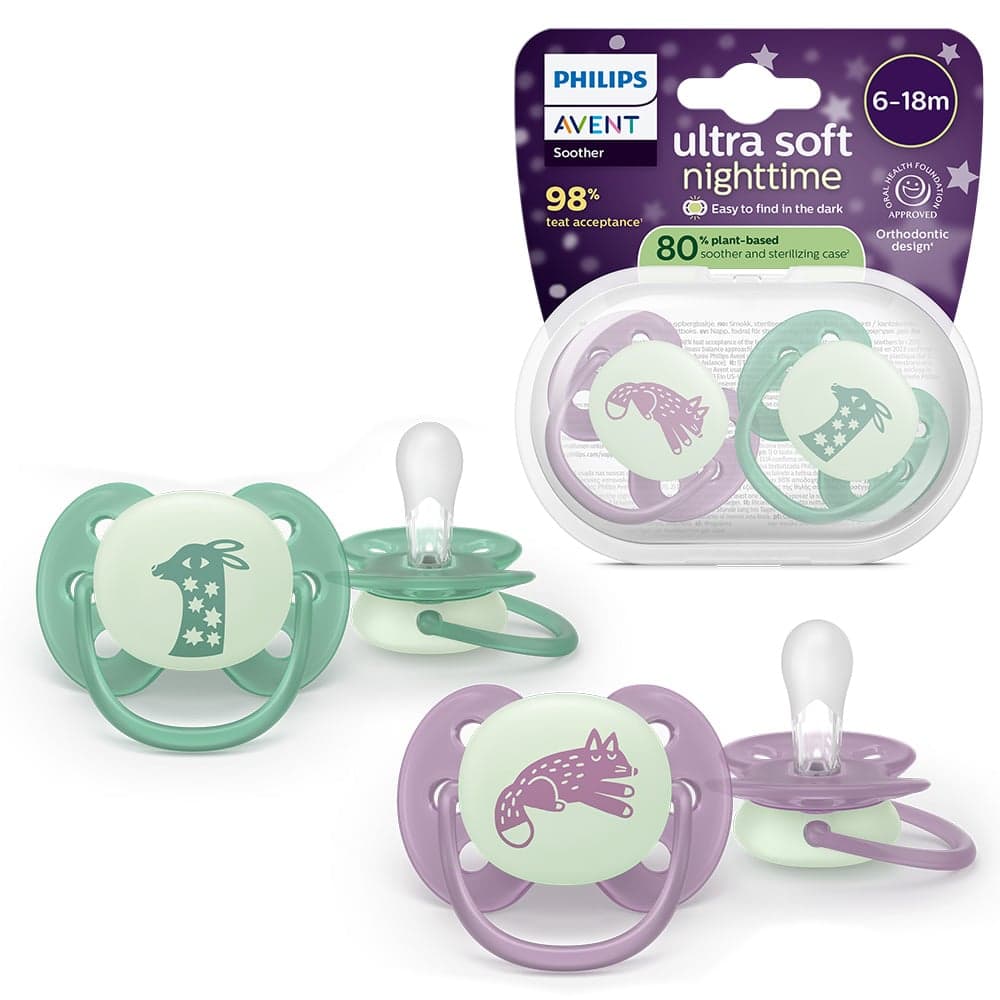 Philips Avent Ultra Soft Nattnapp Glow in the Dark Lila & Grön 6-18 månader 2 st - produktbild 2