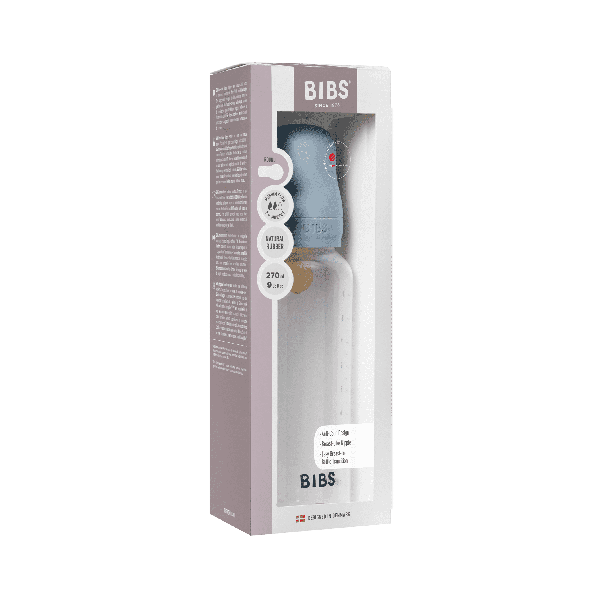 BIBS Baby Bottle Round Latex Medium Flow Baby Blue 270 ml - produktbild 3