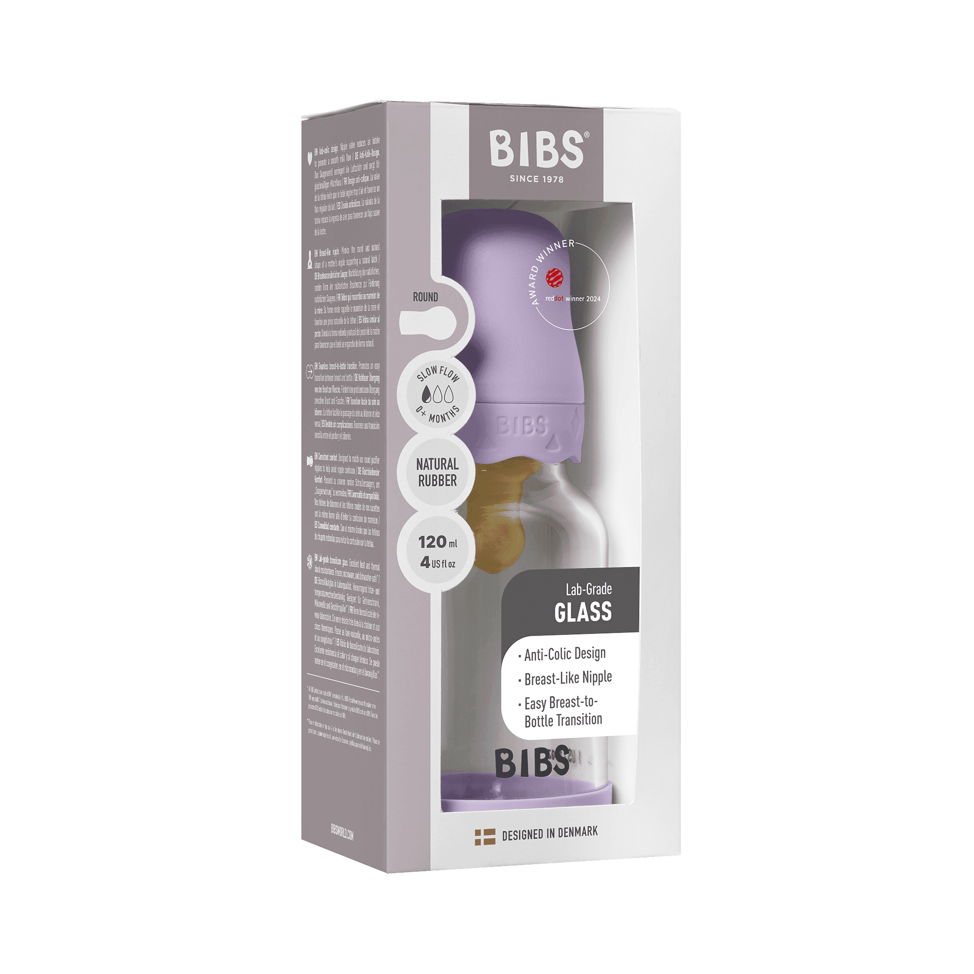 BIBS Glass Boheme Baby Bottle Round Latex Slow Flow Violet Sky 120 ml - produktbild 3