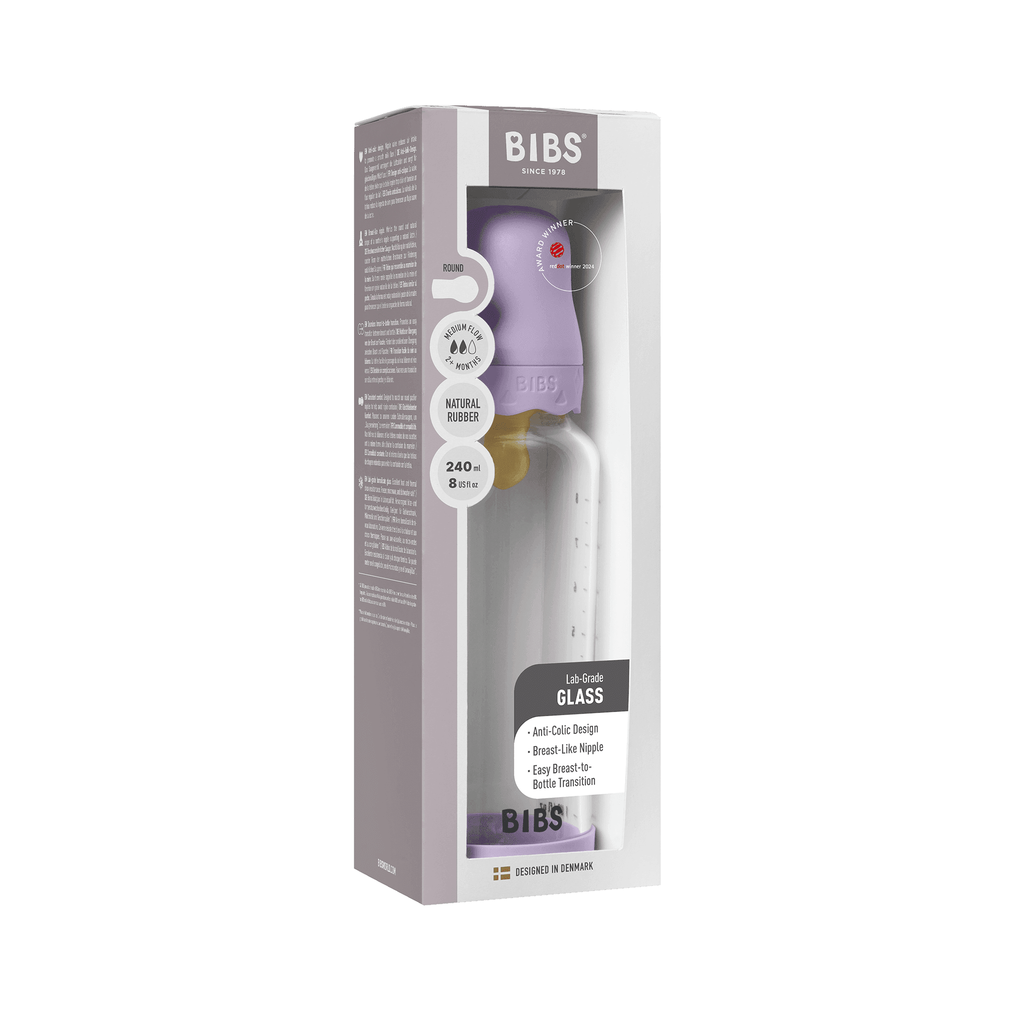 BIBS Glass Boheme Baby Bottle Round Latex Medium Flow Violet Sky 240 ml - produktbild 3