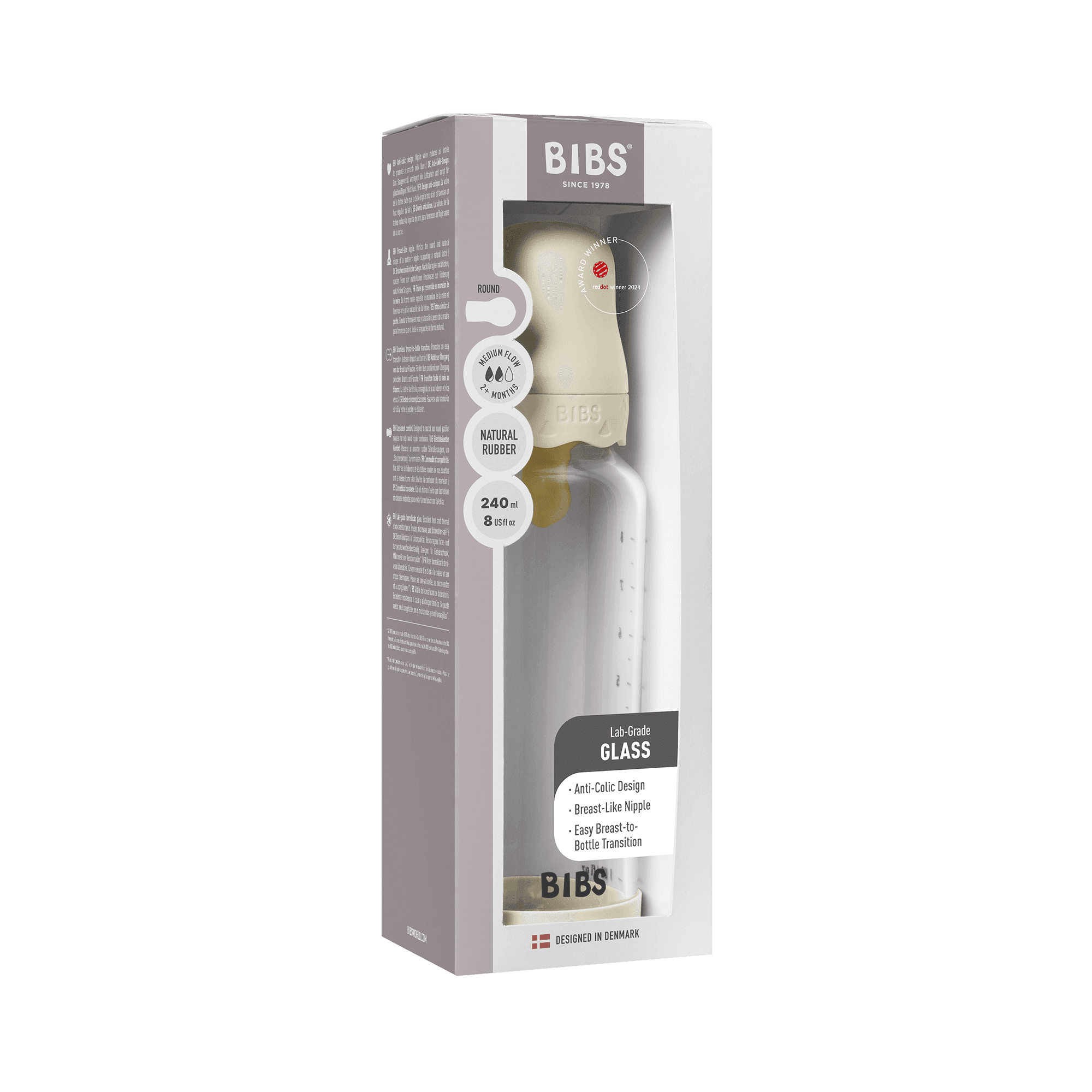 BIBS Glass Boheme Baby Bottle Round Latex Medium Flow Ivory 240 ml - produktbild 3