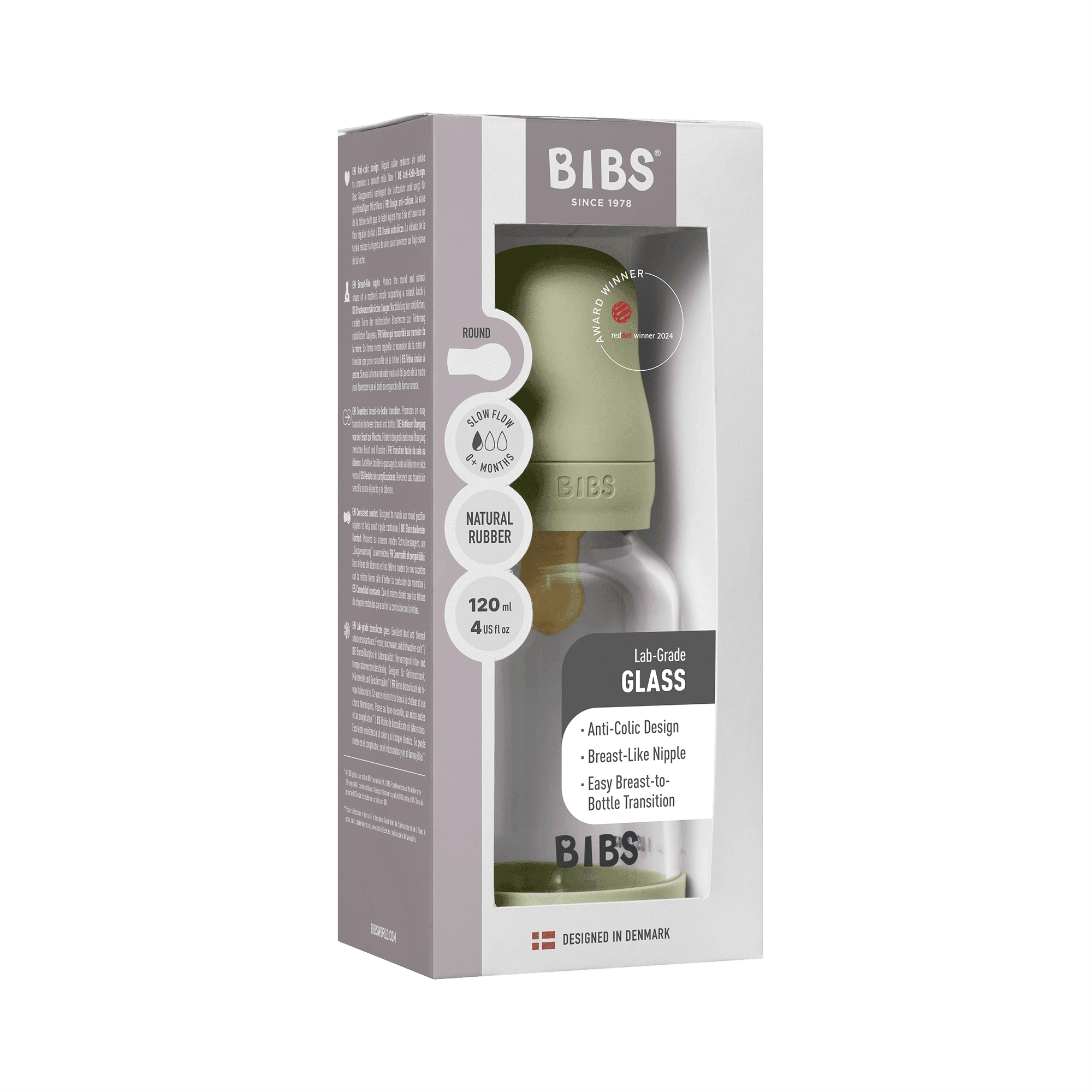BIBS Glass Baby Bottle Round Latex Slow Flow Sage 120 ml - produktbild 3