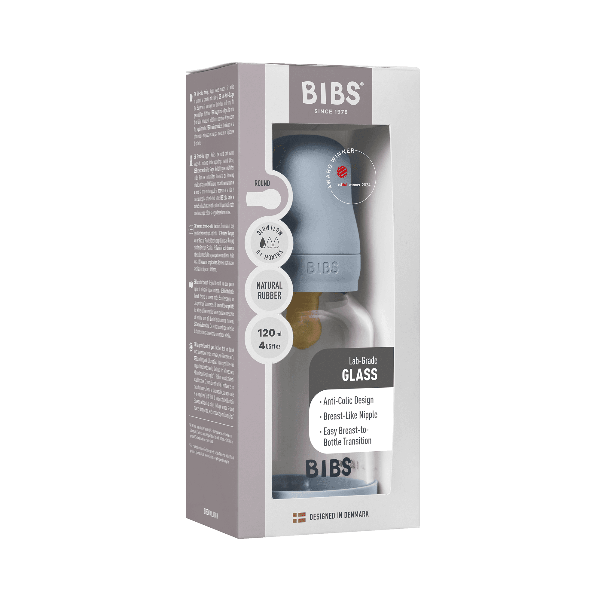 BIBS Glass Baby Bottle Round Latex Slow Flow Baby Blue 120 ml - produktbild 3