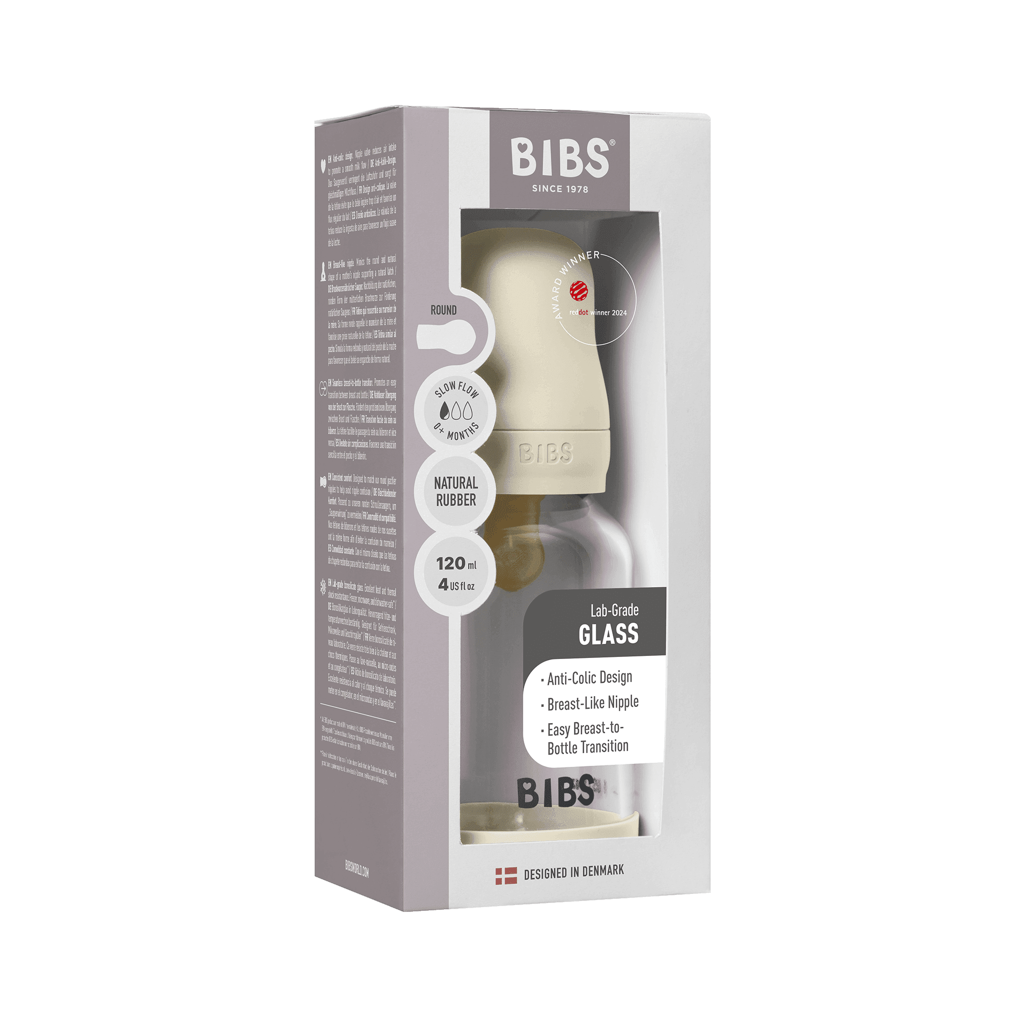 BIBS Glass Baby Bottle Round Latex Slow Flow Ivory 120 ml - produktbild 3