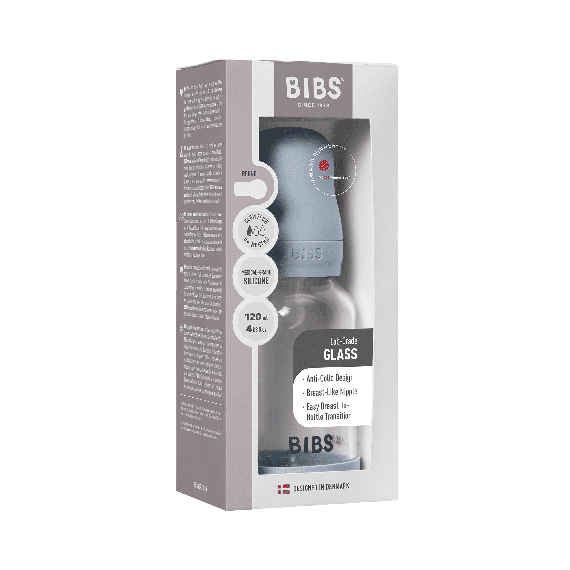 BIBS Glass Baby Bottle Round Silicone Slow Flow Baby Blue 120 ml - produktbild 2