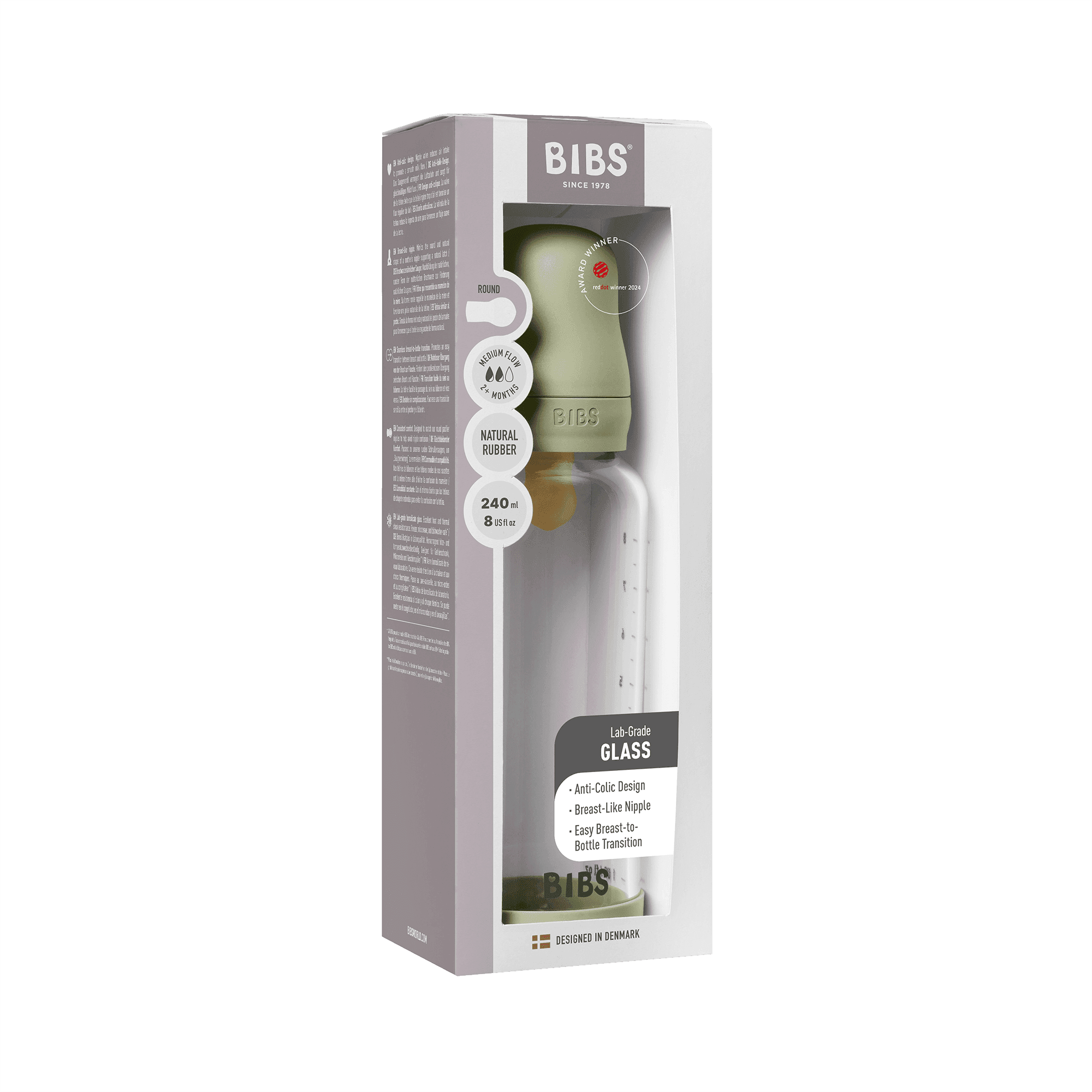 BIBS Glass Baby Bottle Round Latex Medium Flow Sage 240 ml - produktbild 3