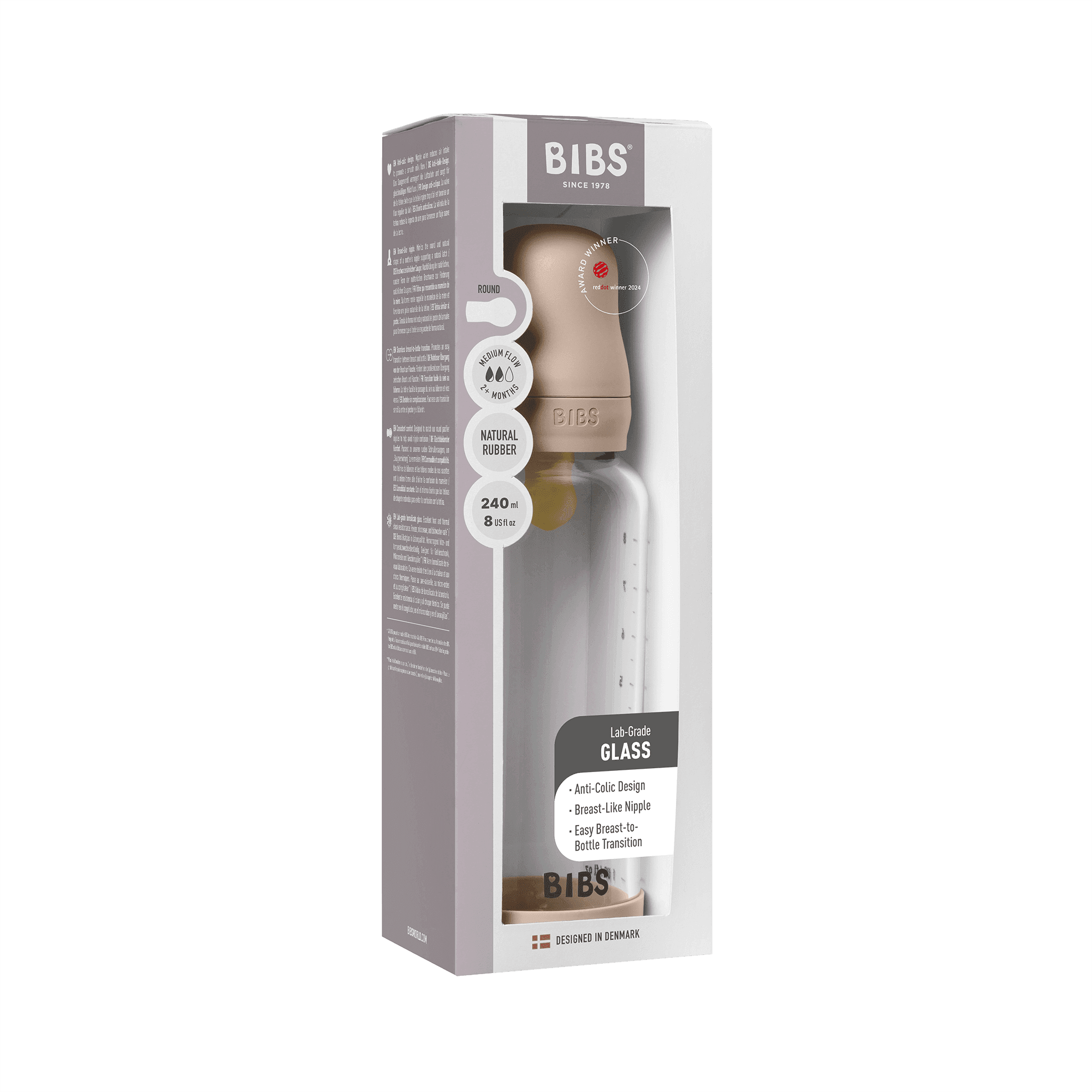 BIBS Glass Baby Bottle Round Latex Medium Flow Blush 240 ml - produktbild 3