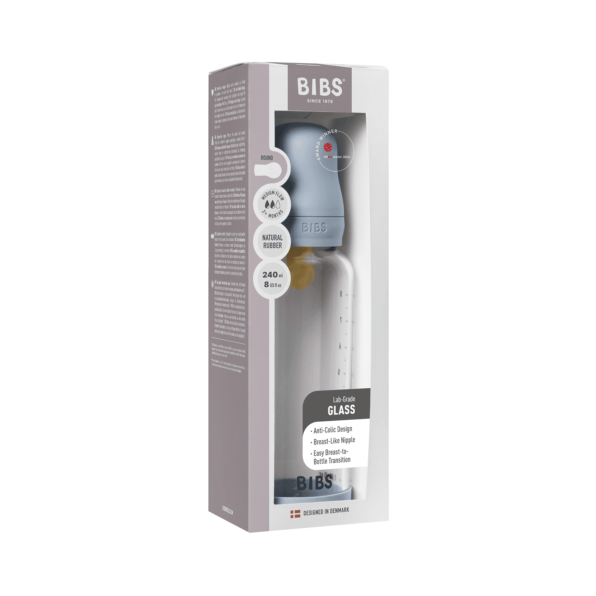 BIBS Glass Baby Bottle Round Latex Medium Flow Baby Blue 240 ml - produktbild 3