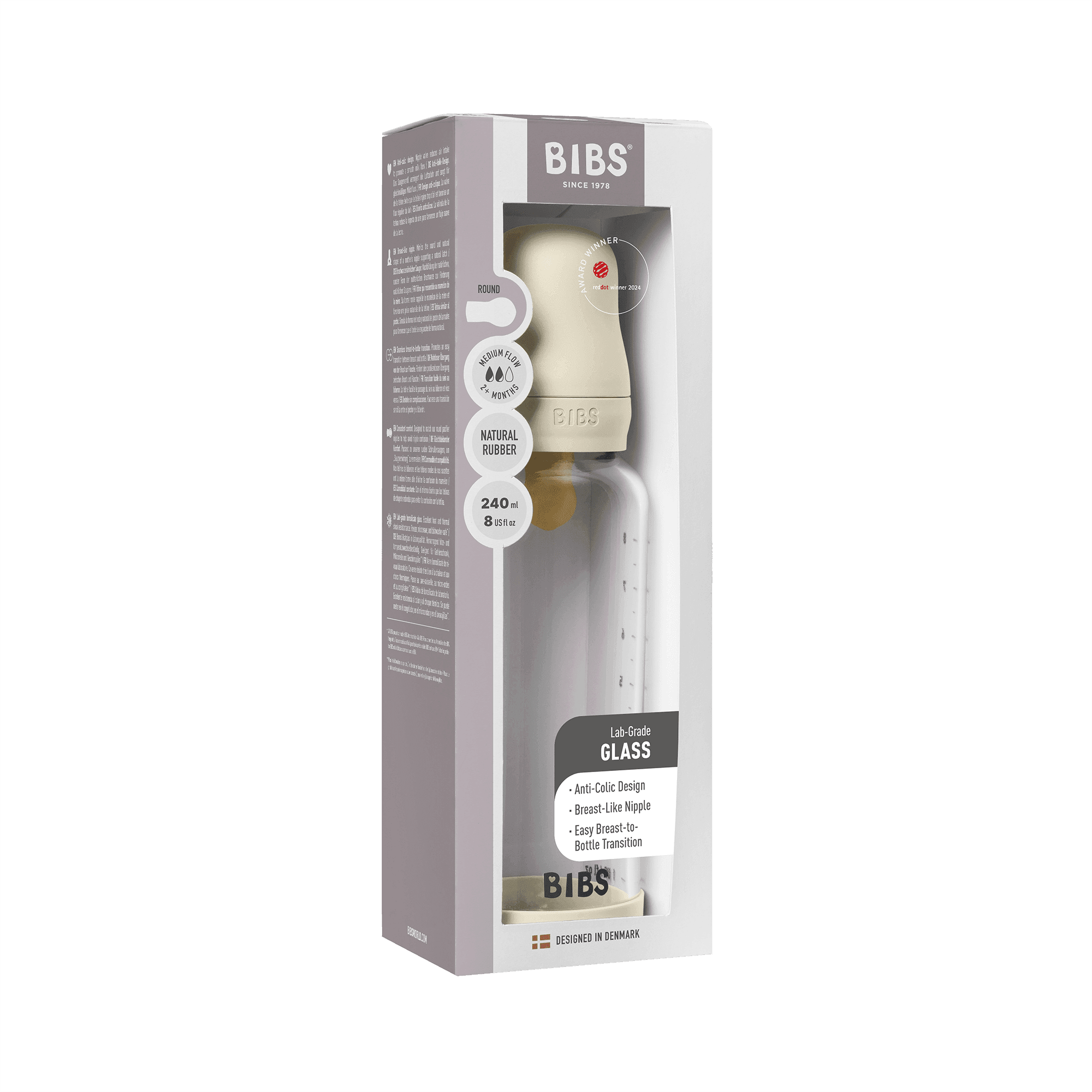 BIBS Glass Baby Bottle Round Latex Medium Flow Ivory 240 ml - produktbild 3