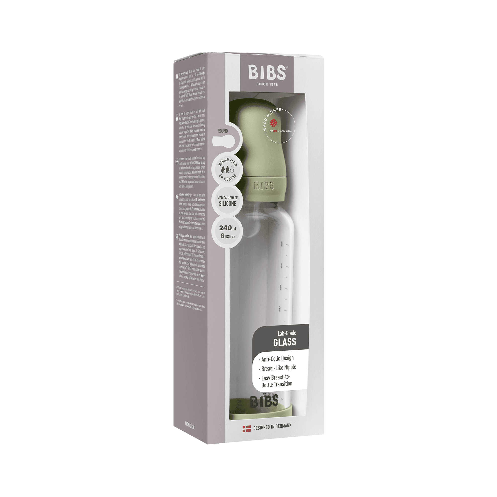 BIBS Glass Baby Bottle Round Silicone Medium Flow Sage 240 ml - produktbild 2