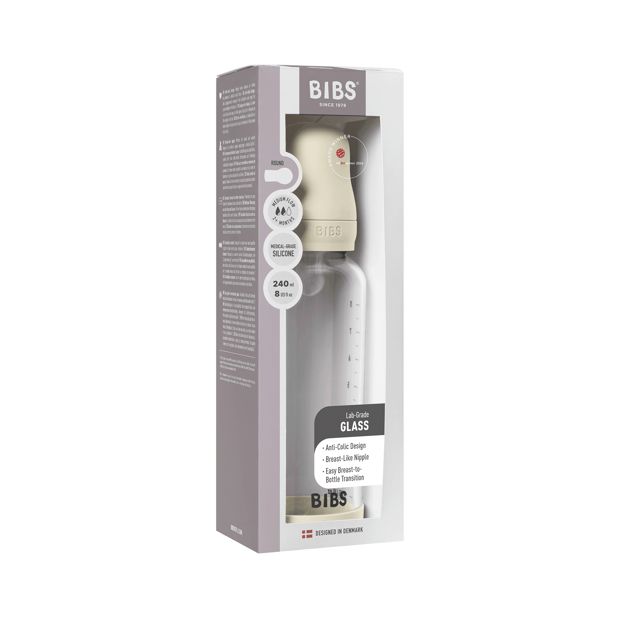 BIBS Glass Baby Bottle Round Silicone Medium Flow Ivory 240 ml - produktbild 2
