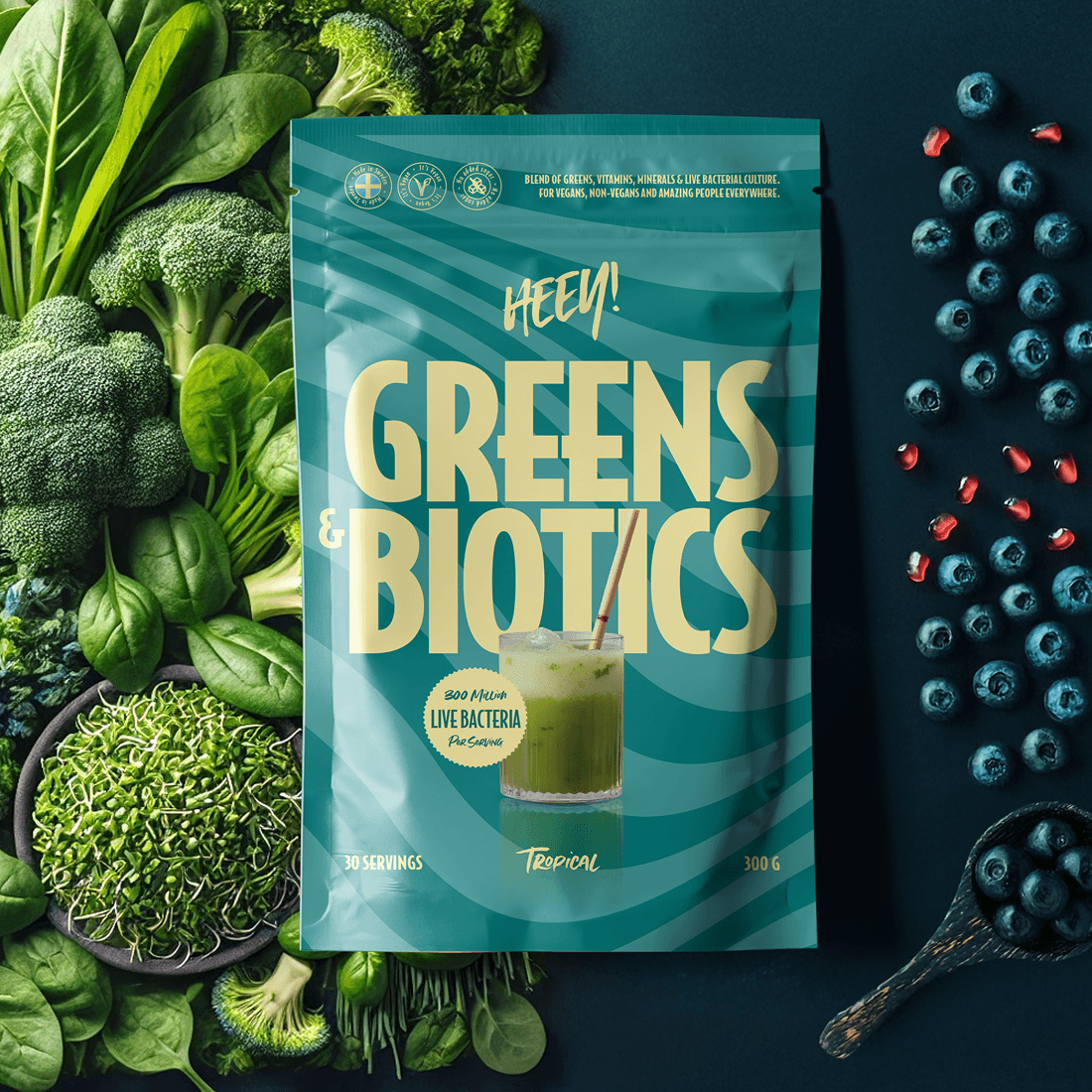 Heey! Greens & Biotics Superfood + Probiotika Tropical 300 g 3