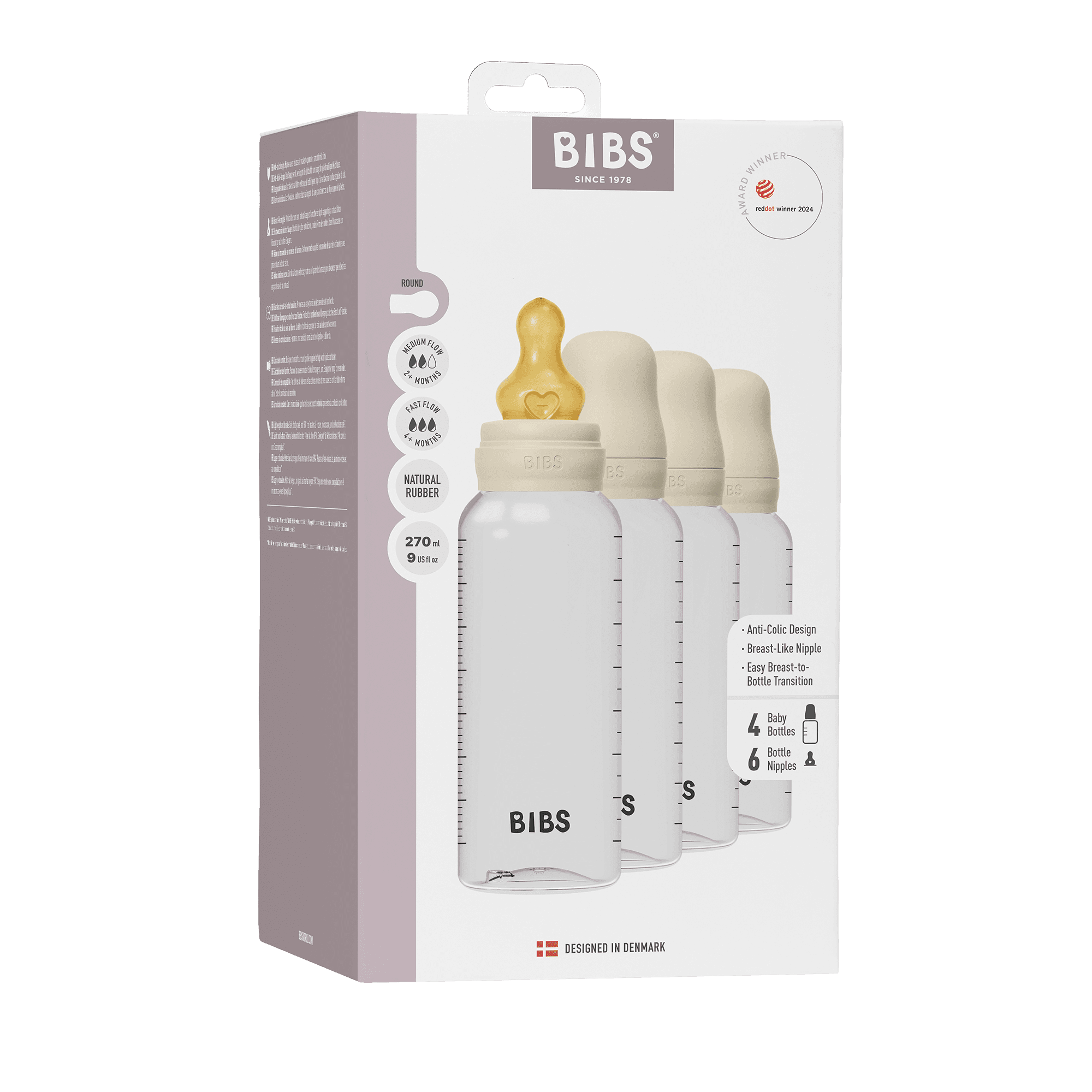 BIBS Baby Bottle Round Latex Ivory 270 ml 4-pack - produktbild 2