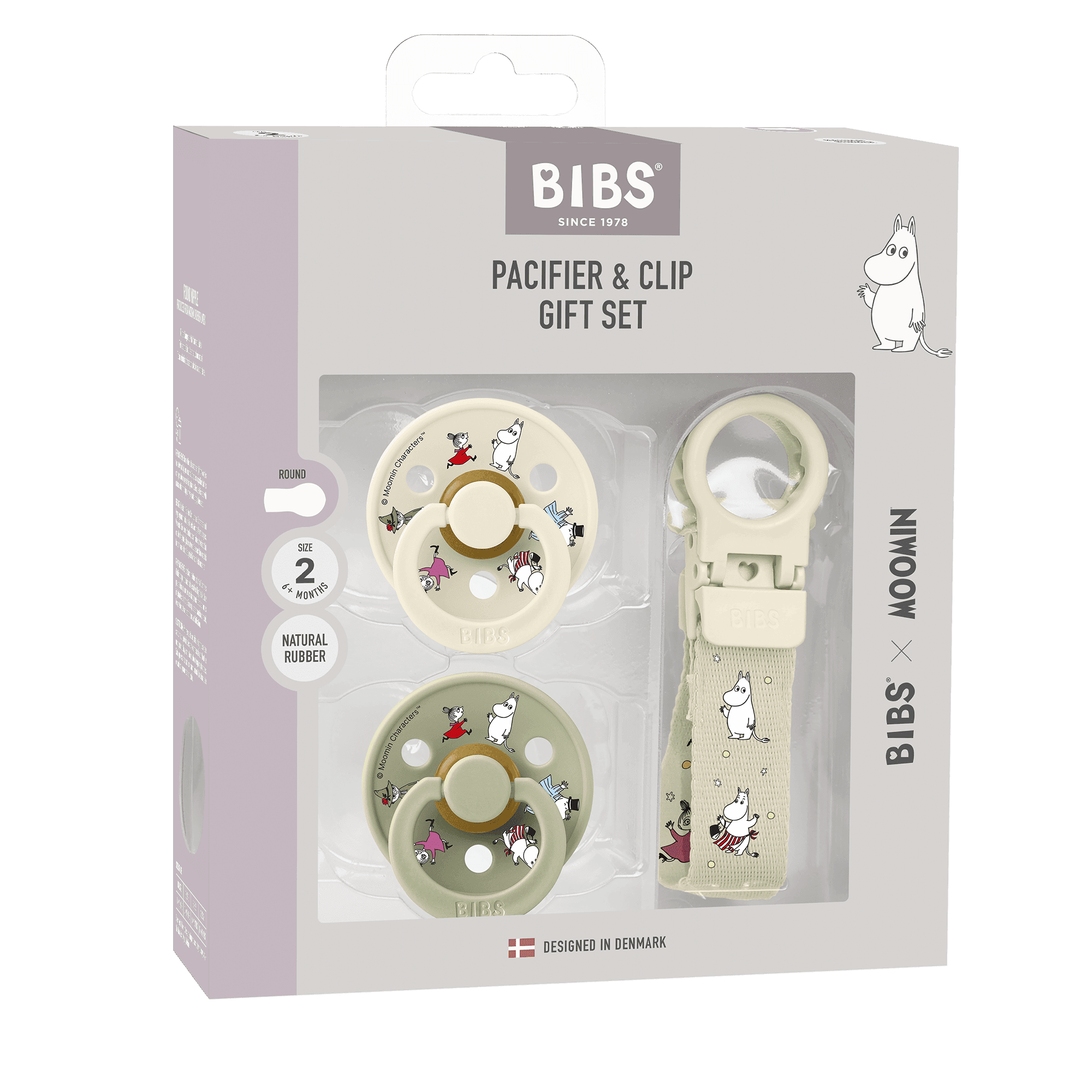 BIBS x Moomin Colour Pacifier & Loop Clip Gift Set Latex Size 2 Ivory/Sage - produktbild 2
