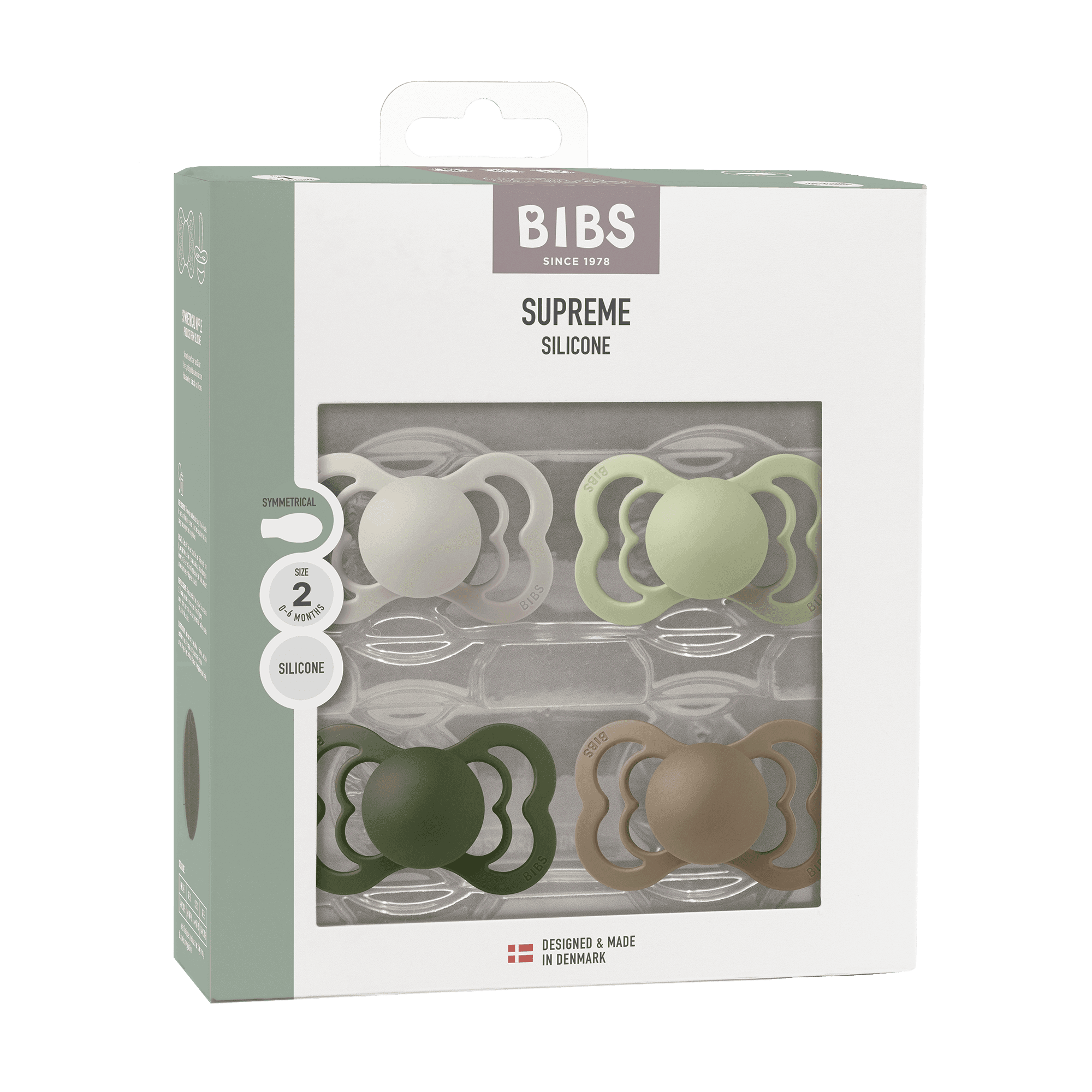BIBS Supreme Silicone Size 2 Sand/Sage/Hunter green/Dark Oak 4-pack - produktbild 2