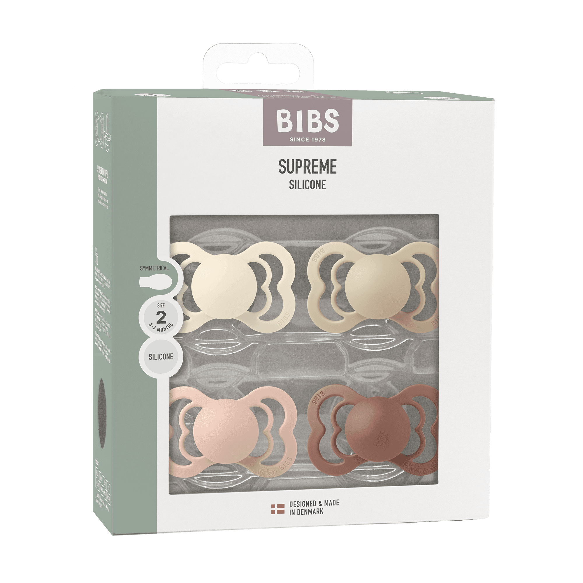 BIBS Supreme Silicone Size 2 Ivory/Vanilla/Blush/Woodchuck 4-pack - produktbild 2