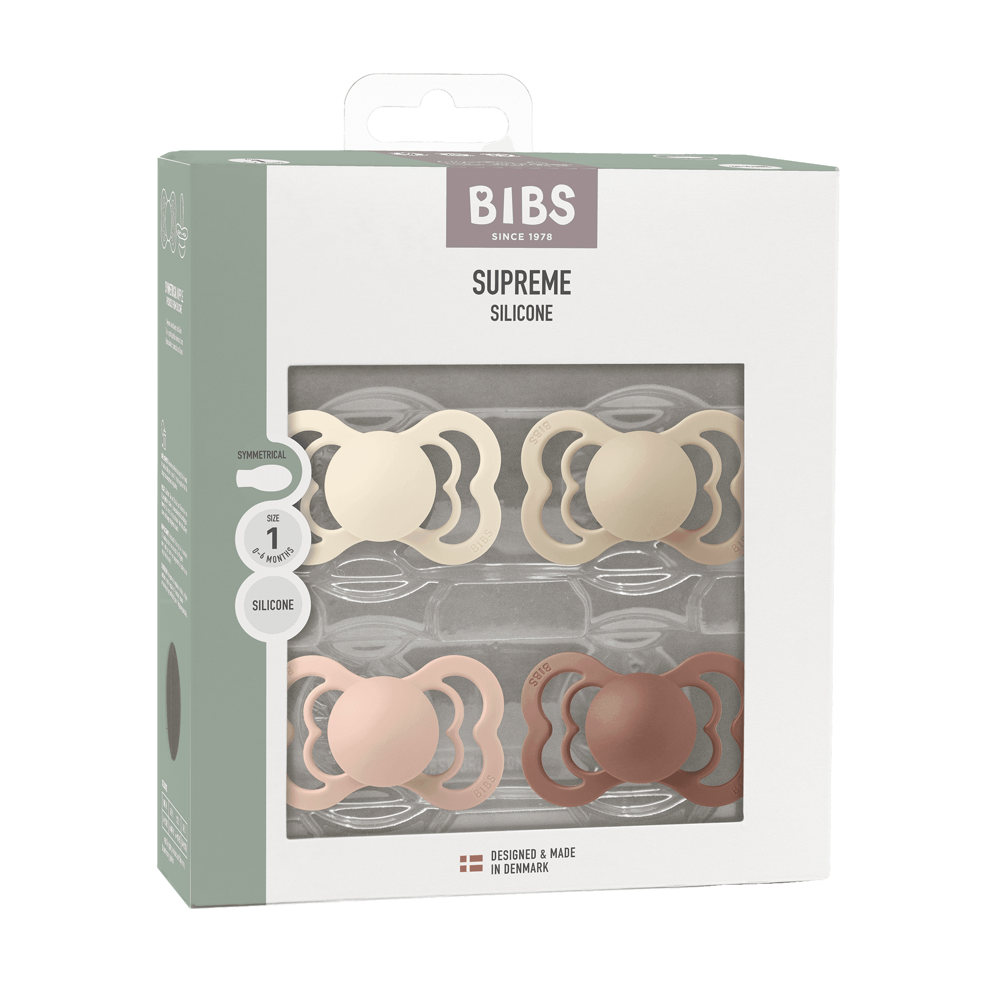 BIBS Supreme Silicone Size 1 Ivory/Vanilla/Blush/Woodchuck 4-pack - produktbild 2