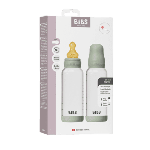 BIBS Glass Baby Bottle Round Latex Medium Flow Sage 240 ml 2-pack - produktbild 2