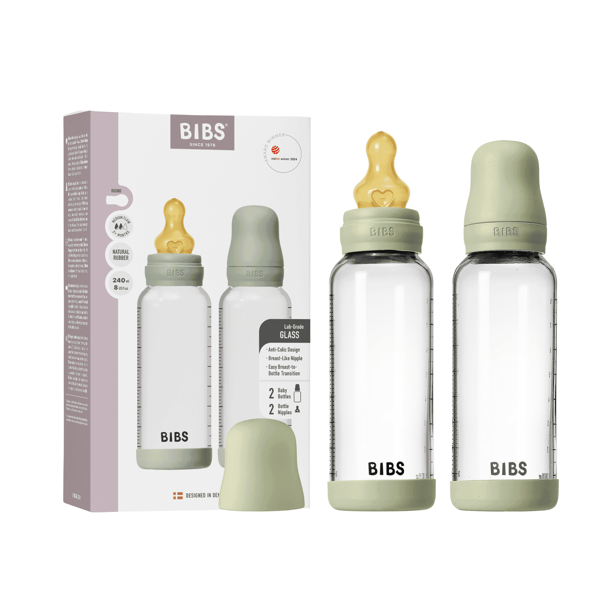 BIBS Glass Baby Bottle Round Latex Medium Flow Sage 240 ml 2-pack - produktbild 3