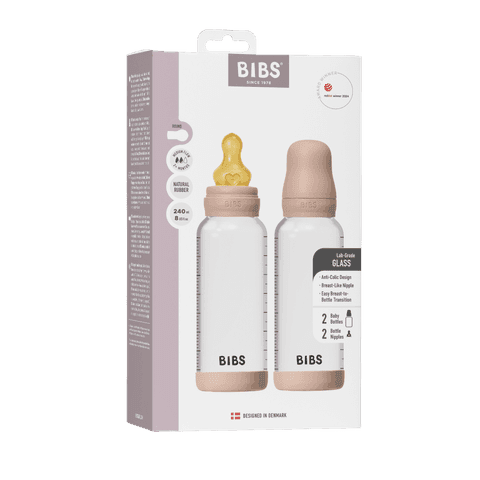 BIBS Glass Baby Bottle Round Latex Medium Flow Blush 240 ml 2-pack - produktbild 2