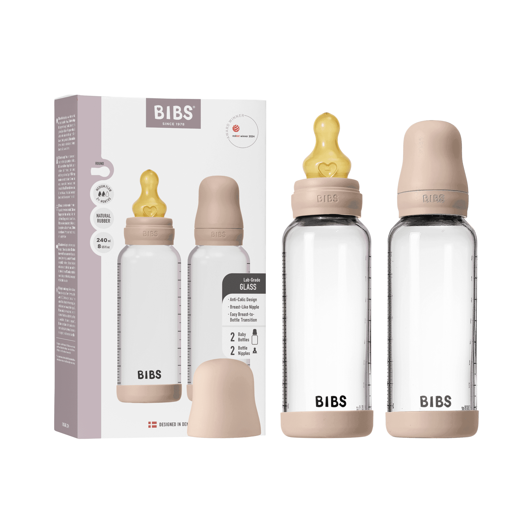 BIBS Glass Baby Bottle Round Latex Medium Flow Blush 240 ml 2-pack - produktbild 3