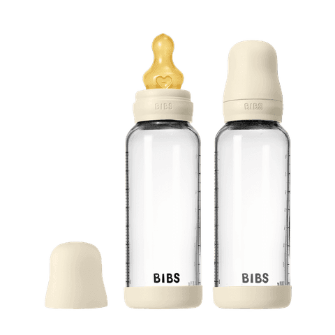 BIBS Glass Baby Bottle Round Latex Medium Flow Ivory 240 ml 2-pack