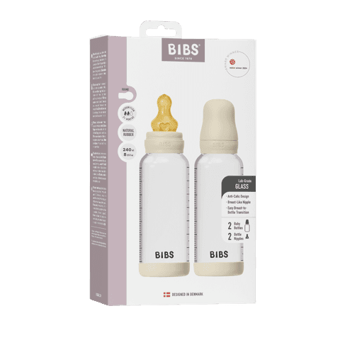 BIBS Glass Baby Bottle Round Latex Medium Flow Ivory 240 ml 2-pack - produktbild 2