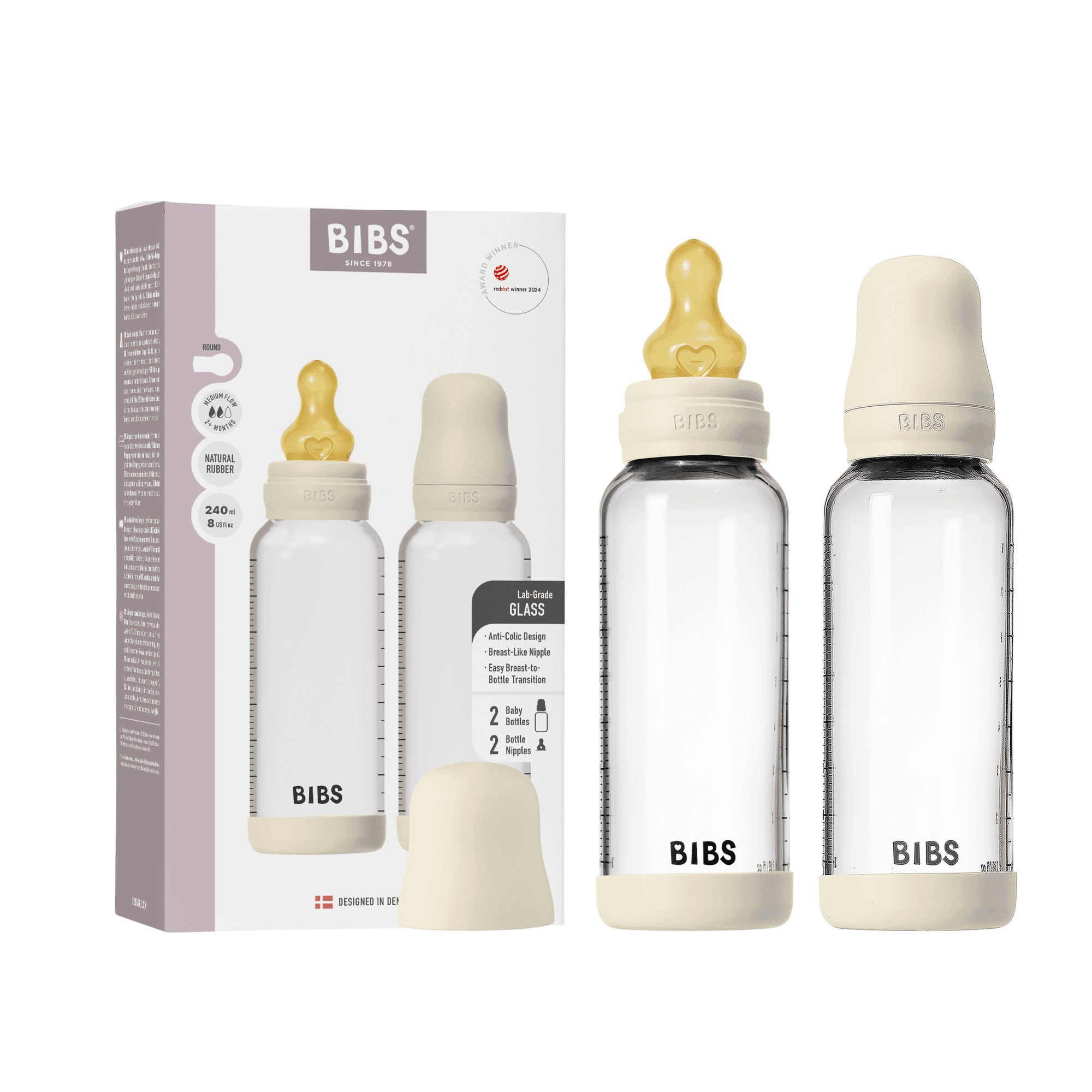 BIBS Glass Baby Bottle Round Latex Medium Flow Ivory 240 ml 2-pack - produktbild 3